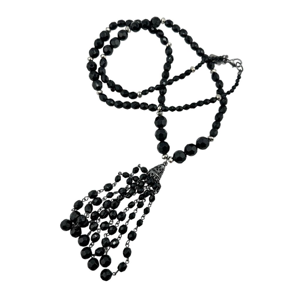 American Glamour by Badgley Mishka Black Glass Beaded Tassel 31" Necklace